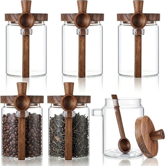 6 Pcs Coffee and Sugar Container Set, 20 oz Glass Coffee Jars with Wooden Lids and Scoops, Loose Leaf Tea Storage Canister Decorative Sugar Tea Creamer Canisters for Kitchen Countertop