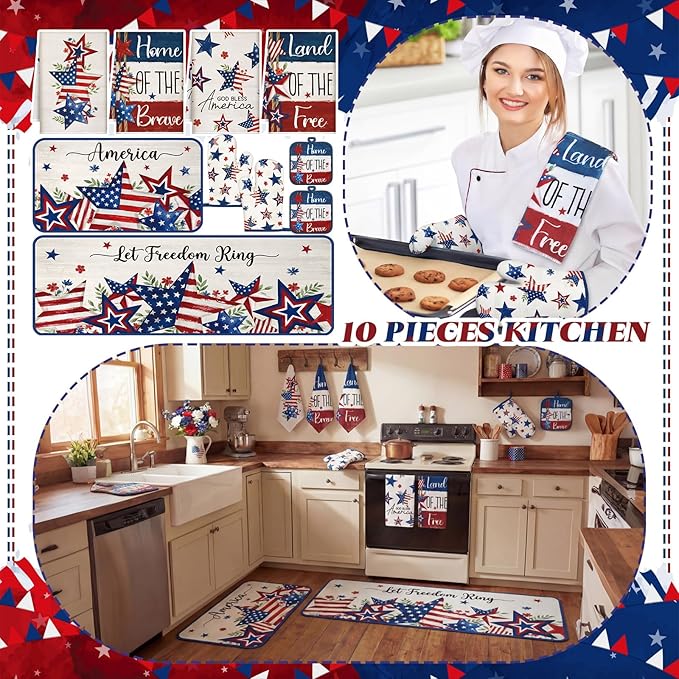 Fourluoo 10 Pcs 4th of July Kitchen Decor and Accessories Red Blue and White Oven Mitts and Pot Holders Set Dish Towels Patriotic Independence Day Kitchen Decor for Chef Baking Cooking BBQ Women Gift