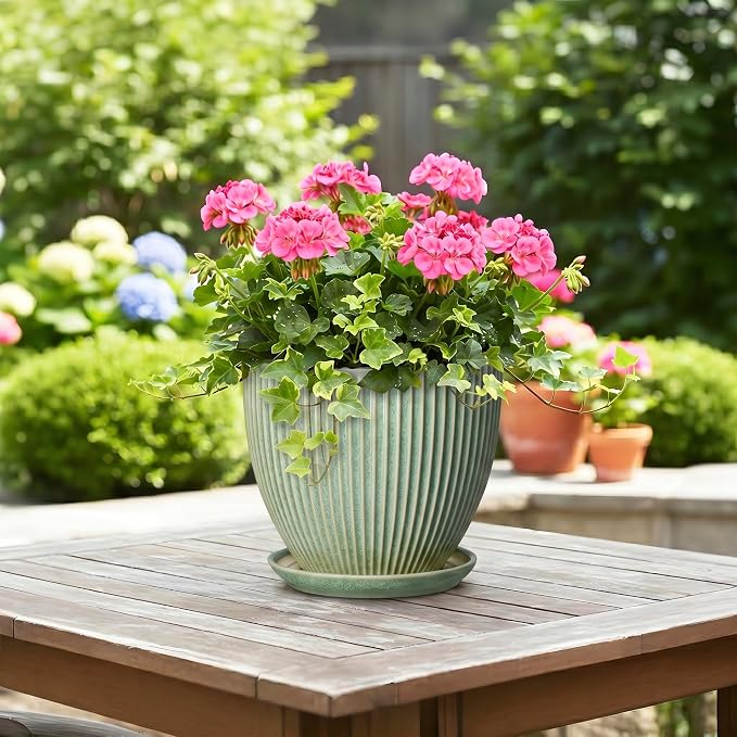 8 Inch Planter, Ceramic Plant Pots with Drainage Hole and Saucer, Decorative Pots for Plants Indoor, Ceramic Flower Pots, Round Modern Planter, Living Room Decor, House Warming Gifts, Green