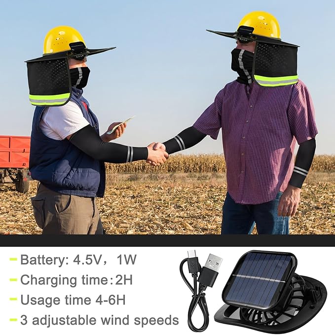 1 Set Sun Hard Hat Shade Full Brim Hard Hat Sun Visor with 2 Solar Fans and Neck Sunshade Cover UV Reflective Strap Arm Sleeves for Construction Workers Outdoor Protection(Black)