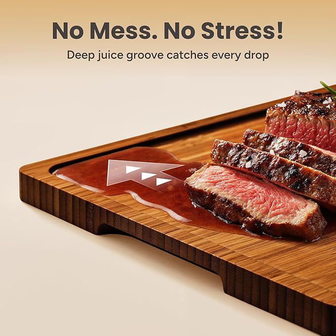 SMIRLY Wood Cutting Boards for Kitchen Wooden Chopping Board Set Reversible with Deep Juice Grooves Grip Handles, Large Charcuterie Tray, New Apartment Essentials, Carbonized Bamboo, 3Pcs with Holder