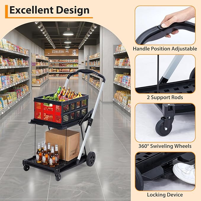 2 Tier Folding Shopping Carts for Groceries, 198 LB Capacity, Collapsible Portable Grocery Cart with Wheels & Removable Crate, Lightweight Foldable Shopping Trolley for Mall Market, Red