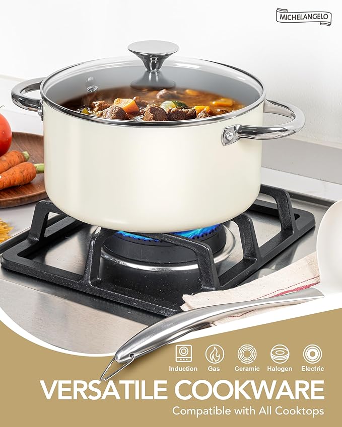 MICHELANGELO Pots and Pans Set Non Stick - Titanium Cookware Set Non Toxic Ceramic Coating, 8-Pcs Nonstick Pots and Pans with Ergonomic Handle, Dishwasher Safe & Induction Compatible, Cream