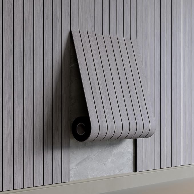 YU LI 3DH Peel and Stick PVC Slat Wall Panel 236"x15.75" Self-Adhesive Thick Faux Grey Wood Grain Wallpaper Panel 3D Soundproof Wall Panels for Walls & Ceilings