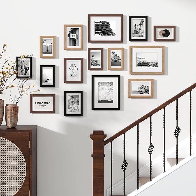 Venusmiles 15 Pack Picture Frames Collage Wall Decor, Gallery Frame Set for Wall Mounting or Tabletop Display, Multi Sizes Including 3pcs 8x10, 6pcs 5x7, 6pcs 4x6, Black+Oak+Walnut