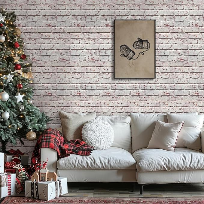3D Whitewash Brick Wall Panel Peel and Stick,10 Pcs of 12"X12" Small Size Thin PVC Fake Brick Self Adhesive Brick Backsplash Faux Brick Paneling for Interior Wall Decor