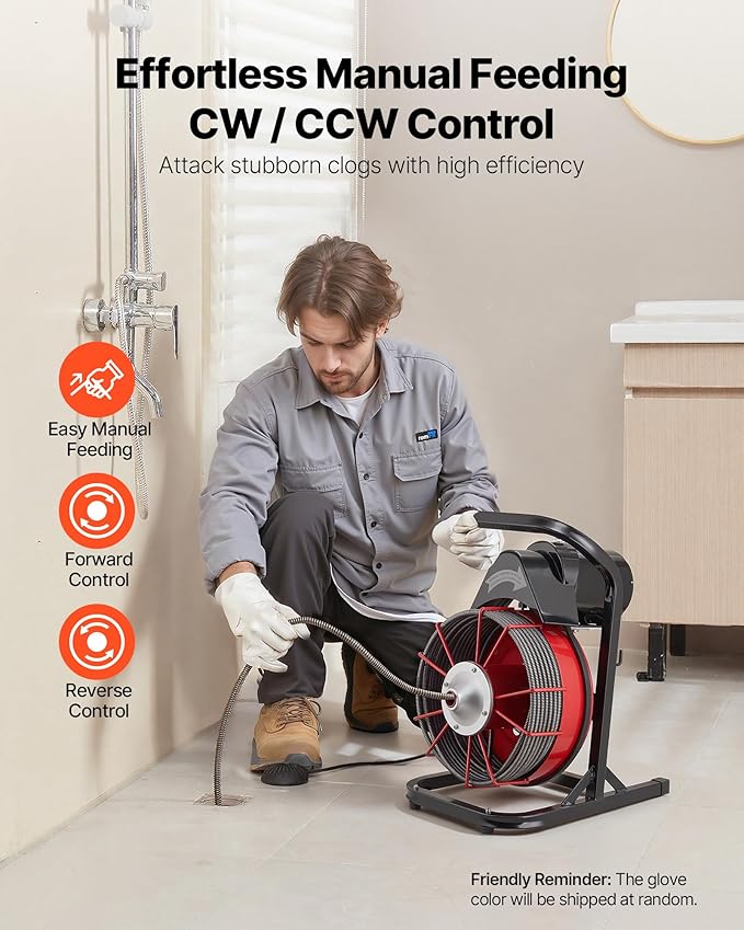 VEVOR Drain Cleaner Machine 50 FT x 1/2 Inch, Sewer Snake Auger Manual Feed with 4 Cutters & Air-activated Foot Switch for 2" to 6" Pipes