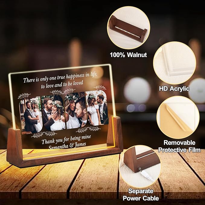 Personalized Valentines Couples Gifts For Him Her Husband Wife, Customized Acrylic Light Up Picture Frame With Photo Name, Custom Anniversary Birthday Gifts For Boyfriend Girlfriend Women Men