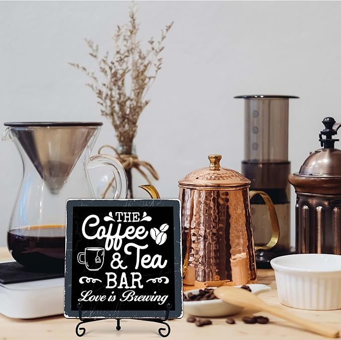 Coffee Bar Sign, Love is Brewing Farmhouse Tabletop Decor, Coffee and Tea Lover Gifts, 5x5 Wood Plaque with Iron Stand for Home Kitchen Cafe, Coffee Bar Decor – L03
