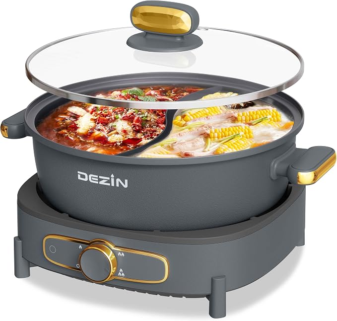 Dezin 6L Hot Pot Electric with Divider, Shabu Shabu Pot with Power Control | Removable 1500W Chinese Hot Pot, Non-Stick Hotpot with Multi-Power Adjustment, 3" Depth Double-Flavor Pot with Silicone Ladle