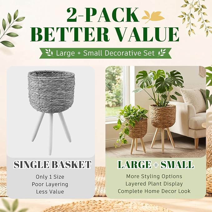 2 Pack Seagrass Plant Stand Set with Solid Wood Legs – Handwoven Boho Indoor Planter Basket Combo, Small & Large Decorative Flower Pot Holder for Living Room, Bedroom & Patio