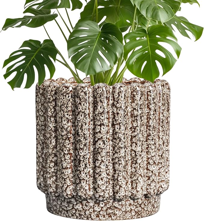 Ceramicfor Ceramic Planter, 9.6 Inch, Leopard Print White | Round Fluted Design, Drainage Hole, Indoor & Outdoor Use, Home Decor