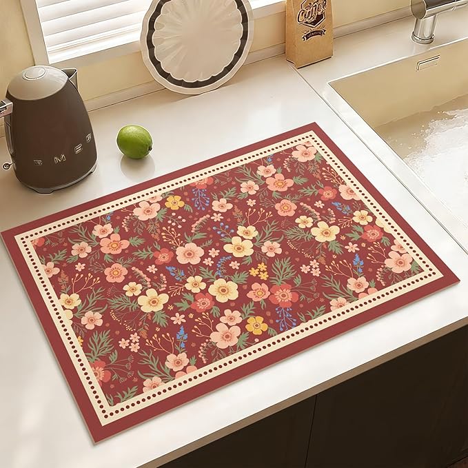 Vintage Floral Coffee Maker Mat, Non-slip Quick Dry Pad for Kitchen Countertop Pet Feeding Area (Vintage Parterre,Red)