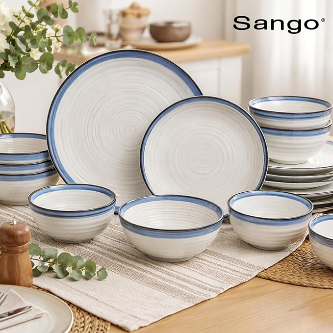 Sango Siterra Santorini 16-Piece Stoneware Dinnerware Set for 4, Ceramic White Plates and Bowls Sets with Blue Rim & Reactive Glaze, Chip Resistant Dish Set, Microwave & Dishwasher Safe Kitchen Dishes