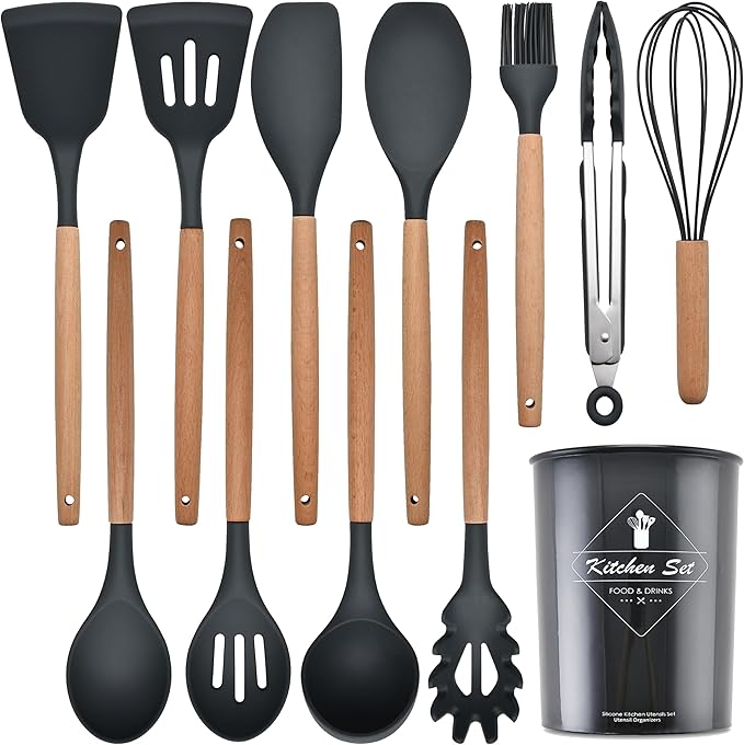 Kitchen Cooking Utensils Set, 12-piece Silicone Kitchen Utensils Set Non-stick Cookware set Is Heat-resistant, BPA-Free, Kitchen Tools set, spoon,spatula(Grey)
