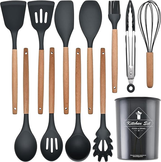 Kitchen Cooking Utensils Set, 12-piece Silicone Kitchen Utensils Set Non-stick Cookware set Is Heat-resistant, BPA-Free, Kitchen Tools set, spoon,spatula(Grey)