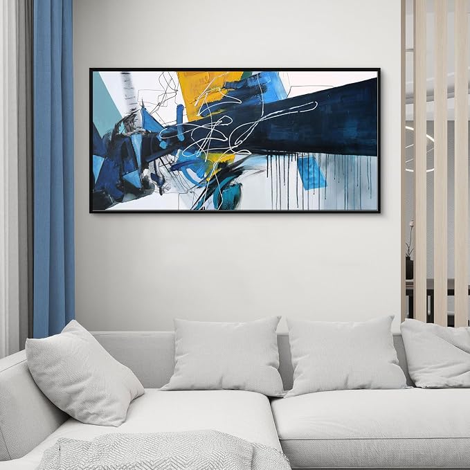 KLAKLA Wall Art for Living Room - Blue Abstract Canvas Pictures Framed Artwork for walls Extra Large Prints for Bedroom Above the Bed Decor 20x40 Inches