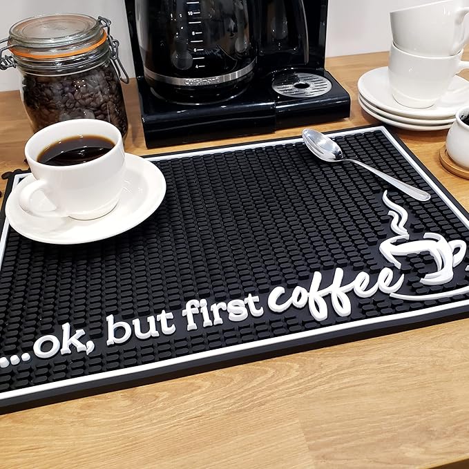 New Mungo Coffee Bar Mat – “Ok But First Coffee” – Spill-Proof PVC Coffee Station Mat, Non-Slip Countertop Protector 18"x12"