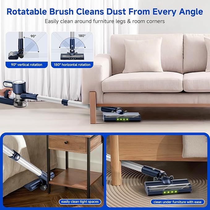 Cordless Vacuum Cleaner: Powerful Suction Stick Vacuum, Anti-Tangle Brush | Portable 6-in-1 Rechargeable Vacuum, Green LED Light, Ideal for Pet Hair, Low-Pile Carpets & Hard Floors-Dark Blue