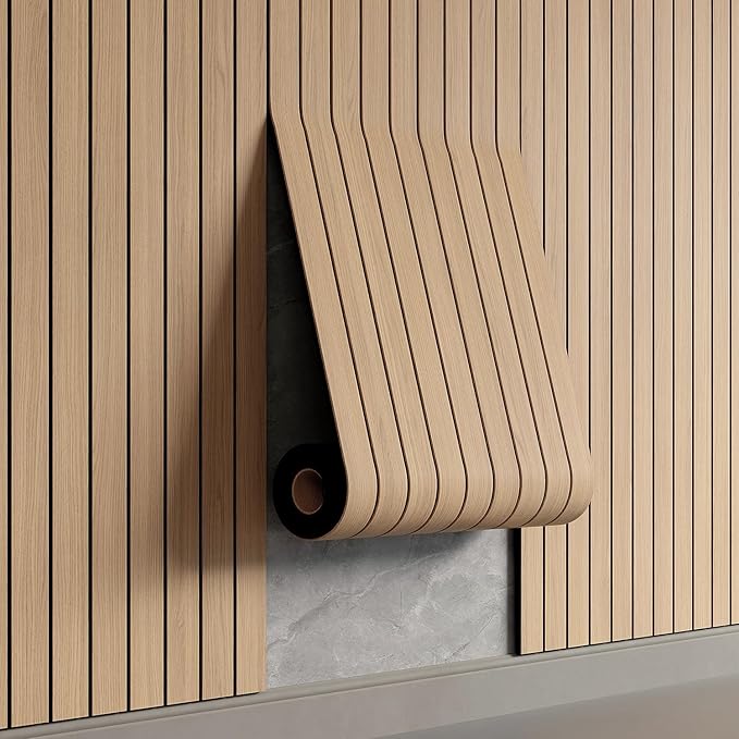 YU LI 3DH Peel and Stick PVC Slat Wall Panel 236"x15.75" Self-Adhesive Thick Faux Oak Wood Grain Wallpaper Panel 3D Soundproof Wall Panels for Walls & Ceilings