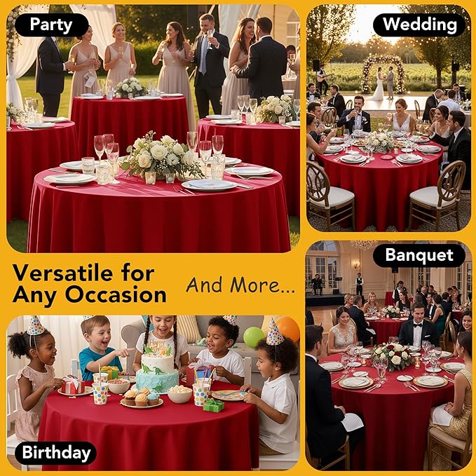 6-Pack Red Round Tablecloths, 120 Inches, Stain-Resistant Polyester for 5-6 Ft Round Tables - Washable Table Covers for Weddings, Banquets, Birthday Parties, Events