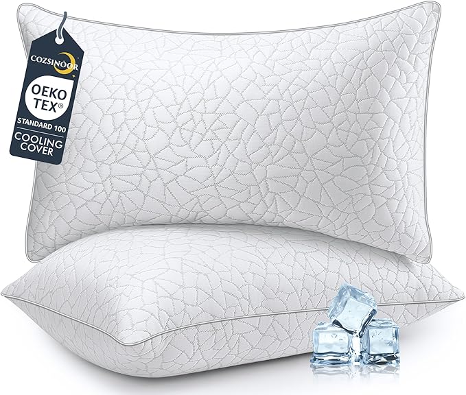 COZSINOOR Standard Size Cooling Bed Pillows - Premium Down Alternative Breathable Pillows Set of 2 for Side, Back, and Stomach Sleepers Hotel Quality Fluffy Soft Microfiber Fill Skin-Friendly