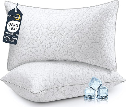 COZSINOOR Standard Size Cooling Bed Pillows - Premium Down Alternative Breathable Pillows Set of 2 for Side, Back, and Stomach Sleepers Hotel Quality Fluffy Soft Microfiber Fill Skin-Friendly