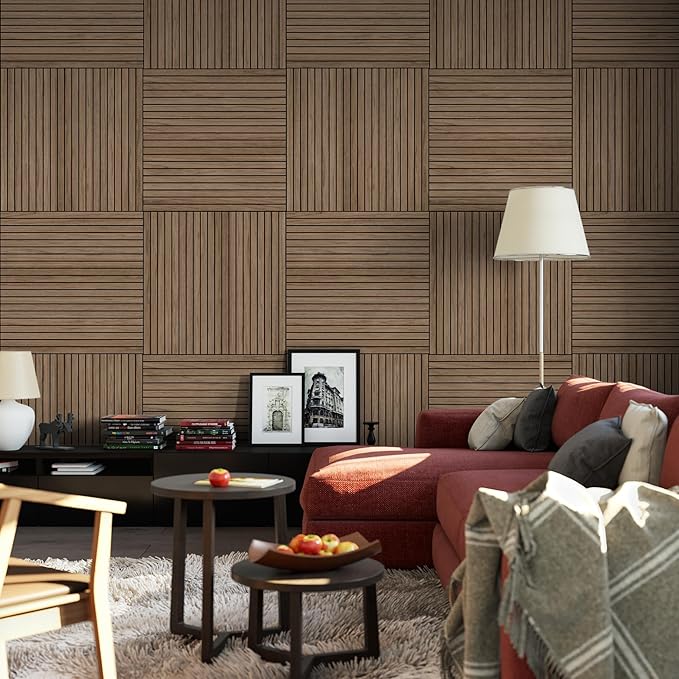 4-Piece Wood Slat Wall Panel for Interior Wall Decor Noise Cancelling 47.2" x 23.6" Peel and Stick Acoustic Decorative 3D Sound Absorbing Wall Paneling, Walnut