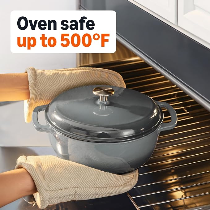 Amazon Basics Enameled Cast Iron Dutch Oven Pot with Lid, Round, Dual Handles, Heavy-Duty, Oven Safe for Stews, Roasting, Baking, 7.3-Quart, Gray