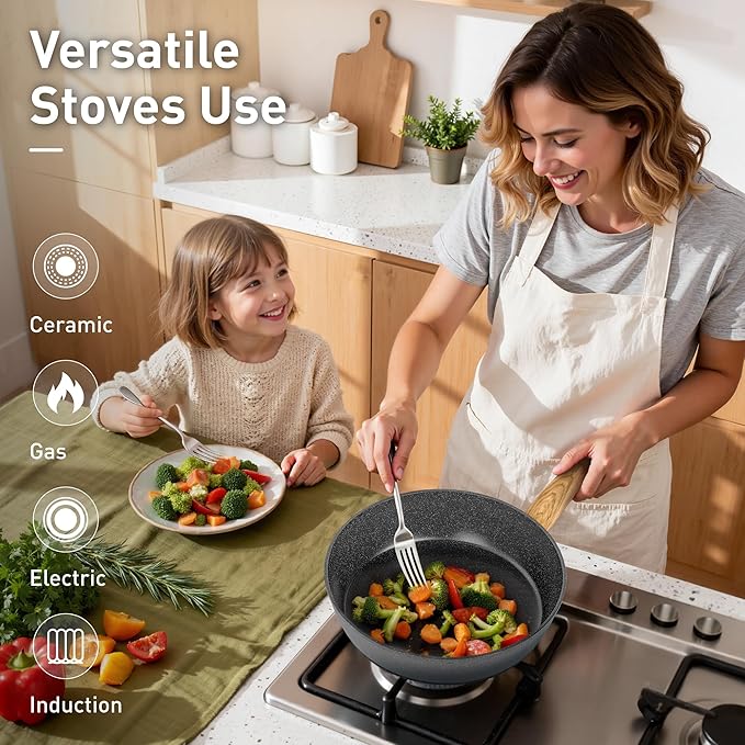 DishDelight Induction Pots and Pans Set, 12 Piece Nonstick Cookware, Granite Cooking Set with Frying Pans, Gray