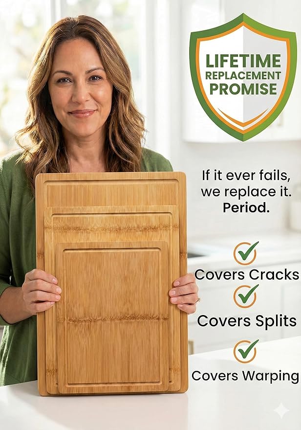 GREENER CHEF Glue-Free Surface Organic Bamboo Wood Cutting Board 3-Piece Set – Non Toxic Cutting Board Set – Lightweight, Heavy Duty Wooden Serving Boards for Charcuterie - Safer Family Meal Prep