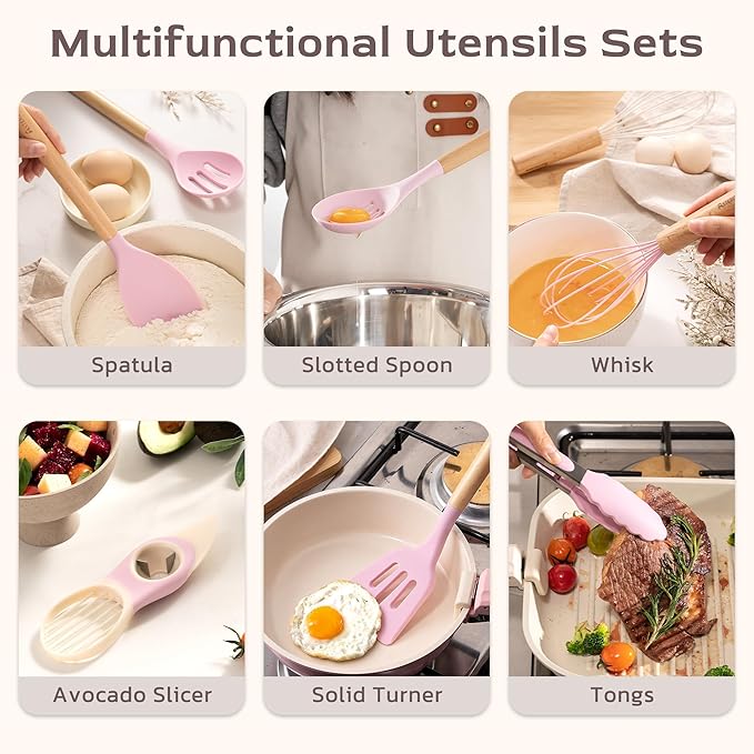 Astercook Kitchen Utensils set, 39 PCS Silicone Cooking Utensils Set with Wooden Handle, 446°F Heat Resistant Food Grade Utensil Sets, BPA Free Kitchen Gadgets Tools Set for Mothers Day Gifts
