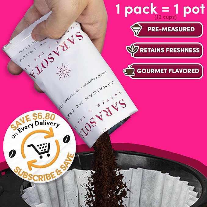 Coffee Packets – Jamaican Me Crazy Flavor | Medium Roast 1.5oz Pre-Measured Packs for 12-Cup Drip Makers | Low Acid Mold-Free Ground | 42 Pouches – Sarasota