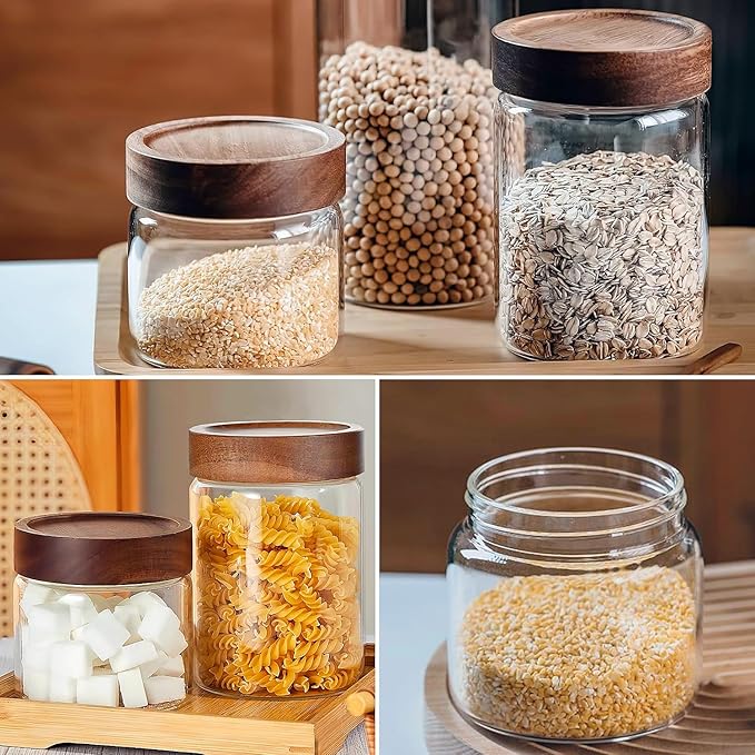 17 Fl oz/500 ml Glass Food Storage Jar, Premium Clear Glass Container Jar with Airtight Screw-on Wooden Lid, Kitchen Canisters for Coffee,Tea,Pasta,Cookies, Nuts,Spice,Candy,Overnight Oatmeal（Small)
