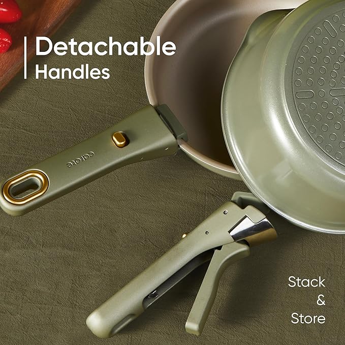 CAROTE 19 Pcs Pots and Pans Set, Nonstick Cookware Sets with Detachable Handle, Titanium Reinforced, Oven Safe, Cookware Non Stick Cooking Set w/Frying Pans & Saucepans Green(PFOS, PFOA Free)