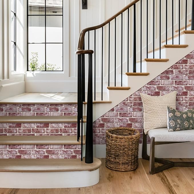 COMSTICKC 3D Faux Brick Wall Panels Peel and Stick Wall Covering,10 Pcs of 12"X12", Not Real Brick, Small Size,Thin PVC 3D Fake Brick for Interior Decor, Whitewash Red