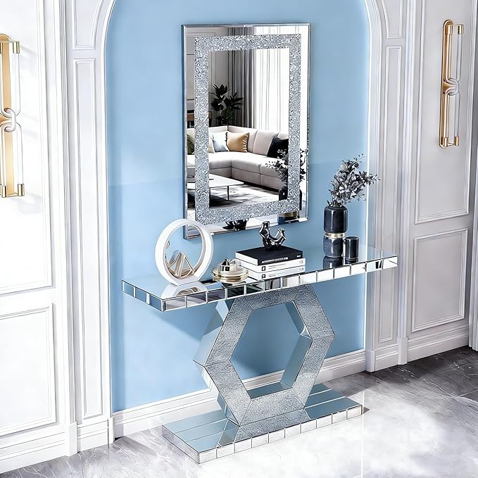 SSLine 2-Piece Set Mirrored Console Table with Wall Mirror, 55" Modern Mirror Entryway Table with Hexagon-Shape Base, Rectangle Crush Diamond Decor Mirror for Entryway Hallway