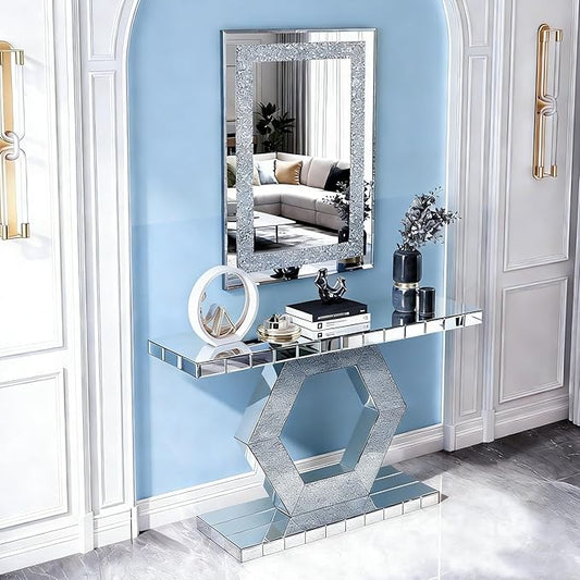 SSLine 2-Piece Set Mirrored Console Table with Wall Mirror, 55" Modern Mirror Entryway Table with Hexagon-Shape Base, Rectangle Crush Diamond Decor Mirror for Entryway Hallway
