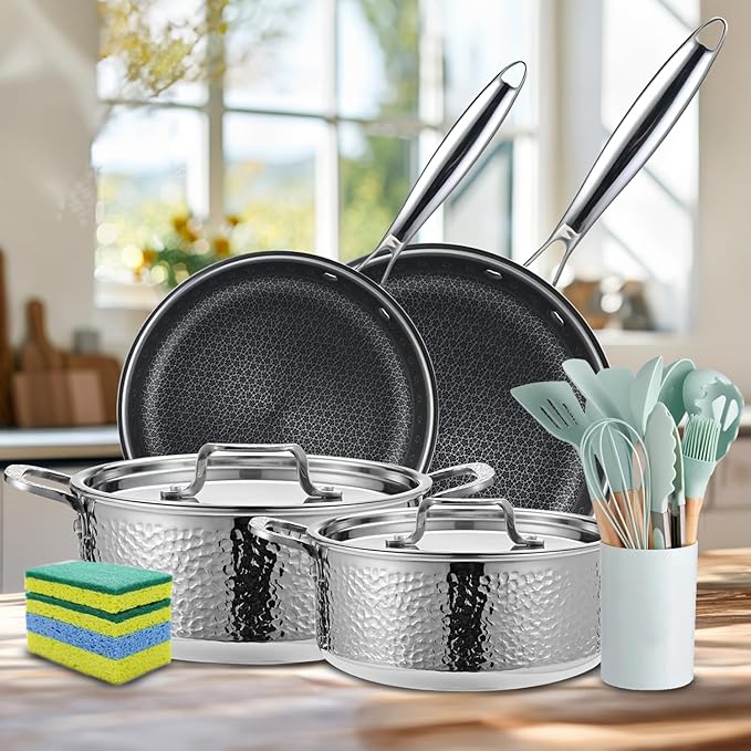 Vivicreate 20 Piece Tri-Ply Stainless Steel Cookware Set, Hammered Pots and Pans with 2 Nonstick Frying Pans and 2 Pots with Lids, 304 Interior, Induction Compatible