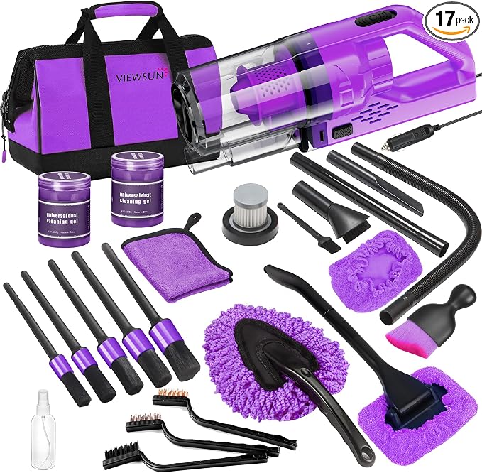 Viewsun 17PCS Car Cleaning Kit, Purple Car Interior Detailing Kit with High Power Handheld Vacuum, Detailing Brush Set, Windshield Cleaner, Cleaning Gel, Complete Auto Accessories for Women Gift