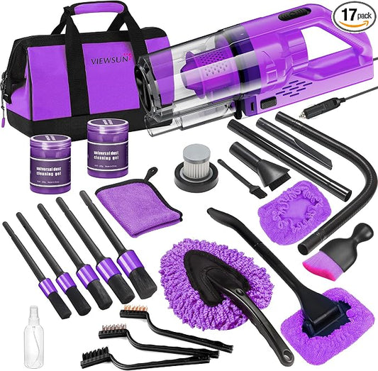 Viewsun 17PCS Car Cleaning Kit, Purple Car Interior Detailing Kit with High Power Handheld Vacuum, Detailing Brush Set, Windshield Cleaner, Cleaning Gel, Complete Auto Accessories for Women Gift
