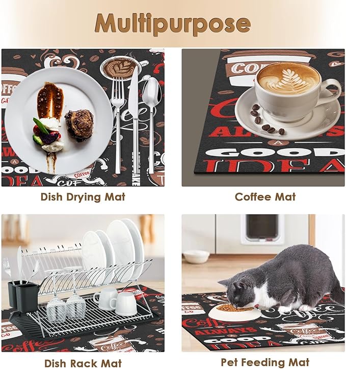 Arttown Coffee Mat for Countertops, Funny Abstract Cartoon Red Dish Drying Mat 2 Pcs for Kitchen Bar Accessories, Coffee Maker Espresso Machine Dish Rack Hide Stain Rubber Backed 12x19In