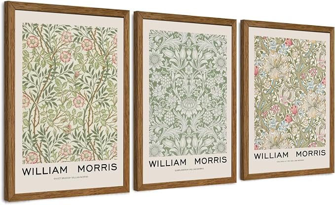 JLTULT 3 Piece Wood Frames Vintage Floral Canvas Wall Art, William Morris Flower Pattern Wall Decor, Nature Botanical Picture Artwork Prints for Living Room Bedroom Office 16x24 inch Easy to Hang