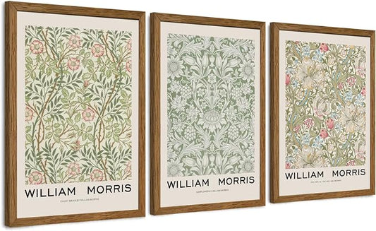 JLTULT 3 Piece Wood Frames Vintage Floral Canvas Wall Art, William Morris Flower Pattern Wall Decor, Nature Botanical Picture Artwork Prints for Living Room Bedroom Office 16x24 inch Easy to Hang