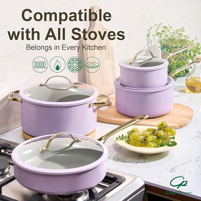 Chef Power Ceramic Cookware Sets, 15Pcs Pots and Pans Set Non Stick, Cookware Set with Stainless Steel Handle, Dishwasher & Oven Safe, Light Purple and Granite Grey