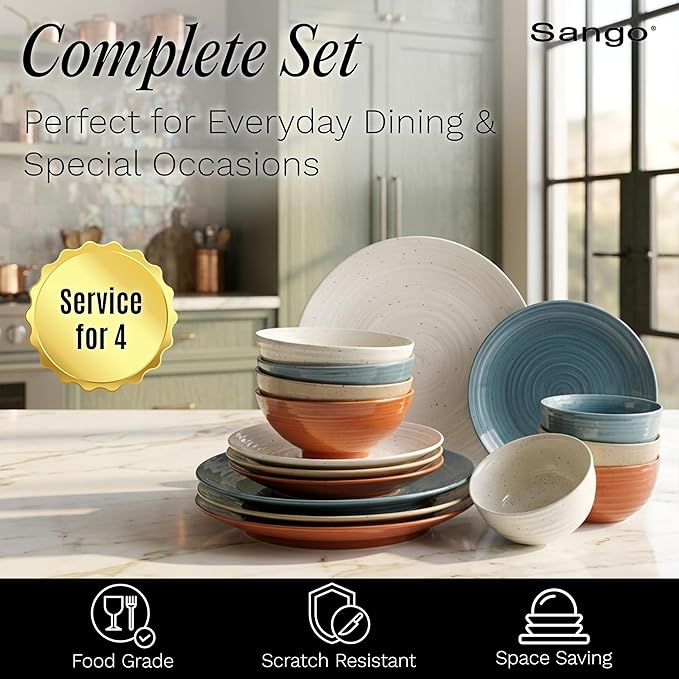 Sango Siterra Painter's Palette 16-Piece Stoneware Dinnerware Set - Service for 4, Ceramic Plates and Bowls Sets, Chip Resistant, Rustic Dishware, Microwave & Dishwasher Safe Kitchen Dishes