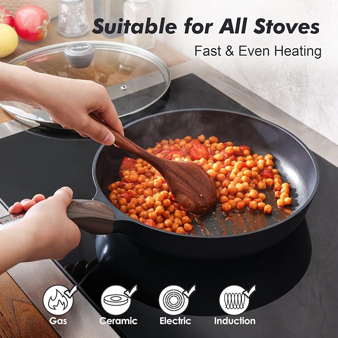 SENSARTE 9.5inch Nonstick Frying Pan Skillet with Lid, Black | Non Stick Pan Omelette Pans with Cover, Healthy Kitchen Cooking Chef's Pan with Cover, PFOA/PFOS Free, Induction Compatible