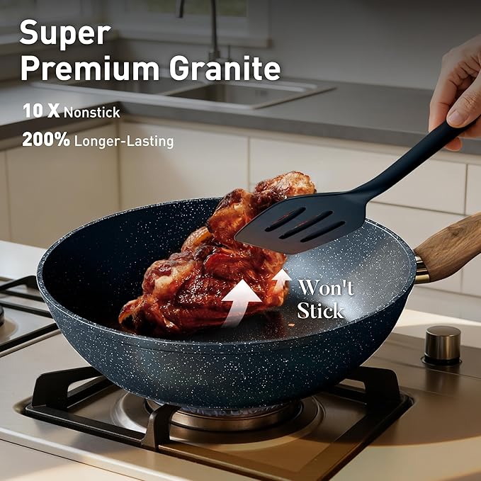 DisDelight Induction Pots and Pans Set Non Stick, Nonstick Granite Kitchen Cookware Sets, Blue Cooking Pans, PFOA & PFOS Free