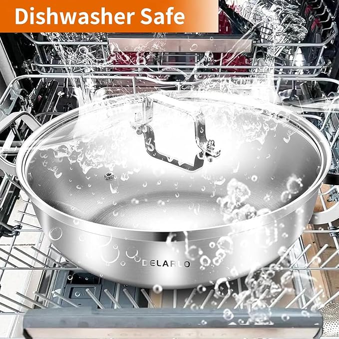 Delarlo Tri-Ply Stainless Steel Hot Pot 14 inch Everyday pan With lid,7QT | Everything Pan, Durable Deep Saute Pan, Induction Cooking Pot,Woks & Stir-Fry Pans Oven Safe Stock Pot
