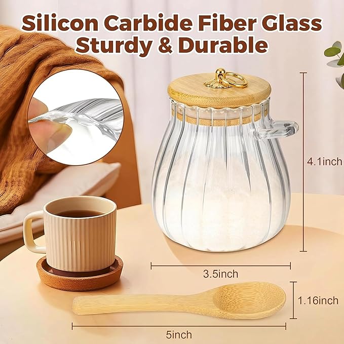 holoith Sugar Container with Bamboo Lid and Spoon,15 oz Sugar Bowl Glass Jar for Coffee Bar Accessories Coffee Canister Kitchen Decor Housewarming Gift Christmas Refillable Design
